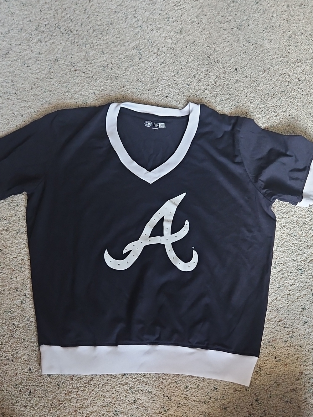 New Era Black V-Neck Short Sleeve Tee with White Trim and A Logo